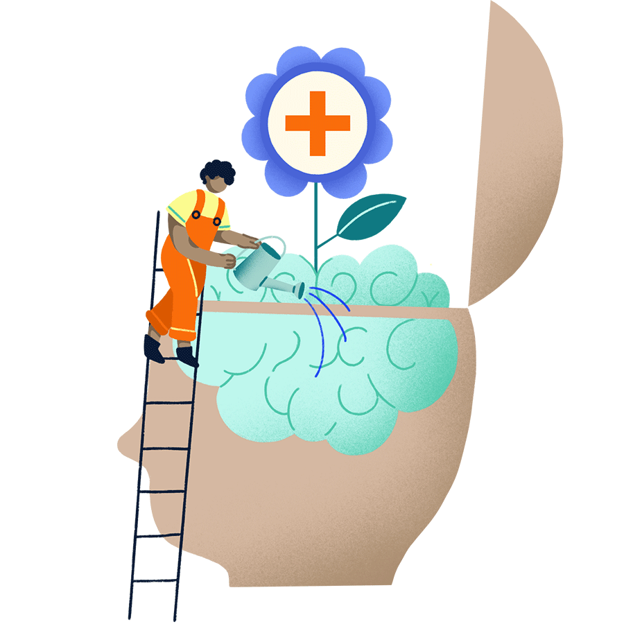 icon of a person watering a brain with a flower with a medical cross growing from it