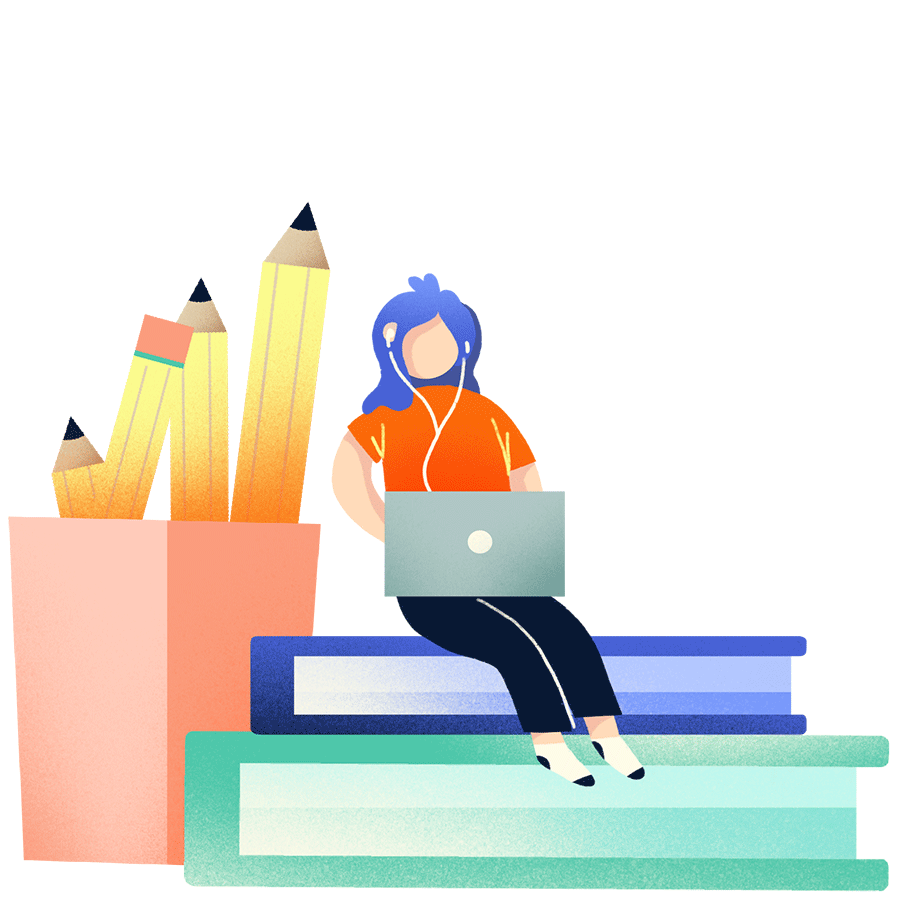 icon of a person with a laptop sitting on giant stack of books by. giant pencils