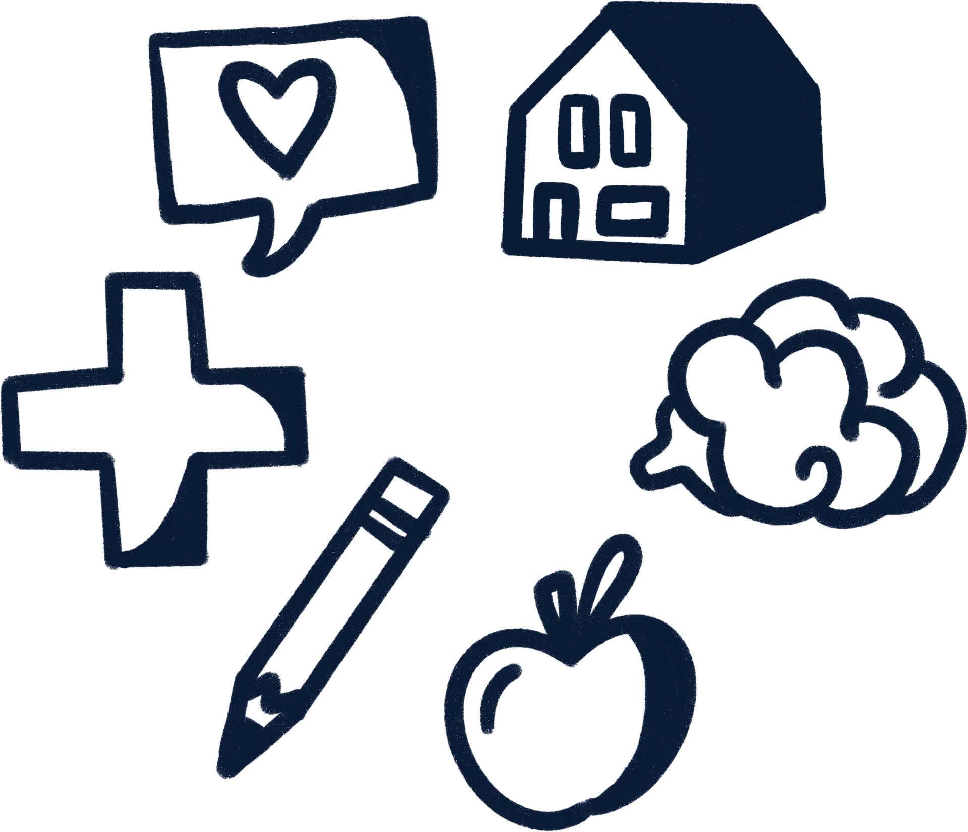 icons of a medicine cross, pencil, apple,, broccoli, house, and speech bubble